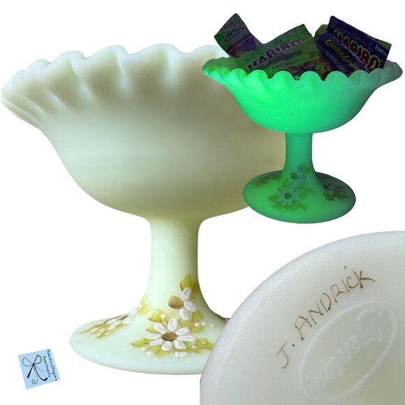 Fenton Floral Satin Glowing Glass Custard Compote Dish Vase - Picture 1 of 4